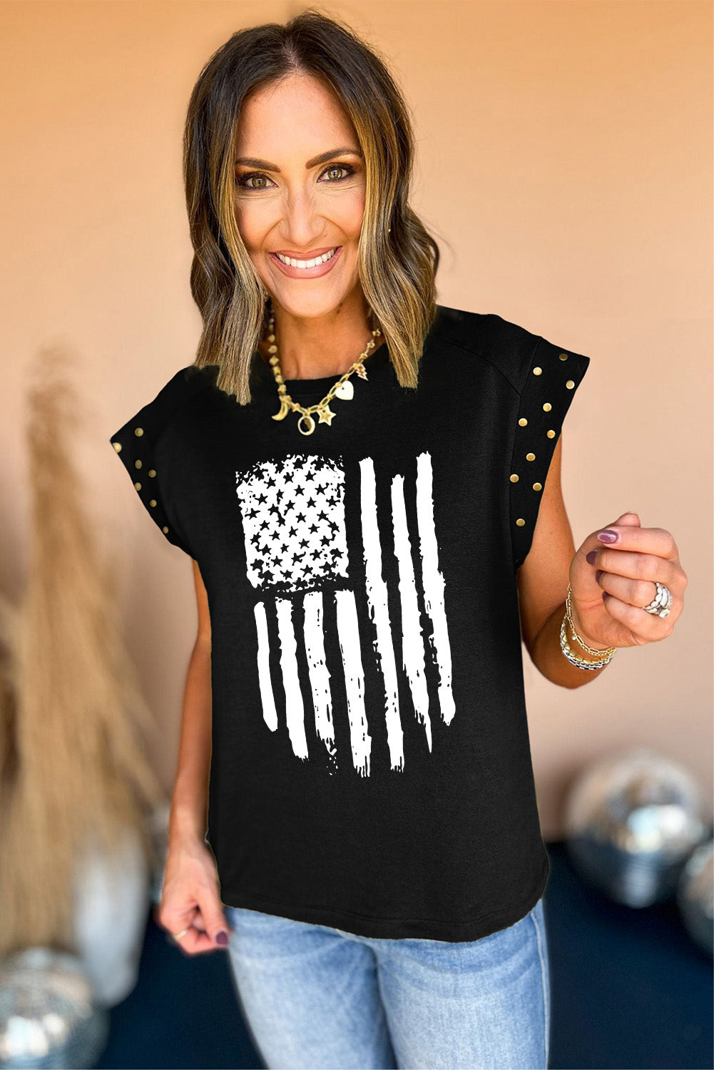 Black American Flag Graphic Studded Cap Sleeve T Shirt
