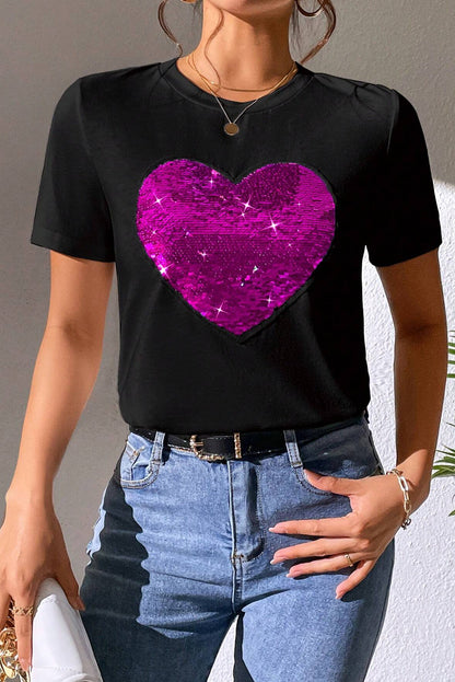 Black Valentine Two Tone Sequin Heart Graphic Tee