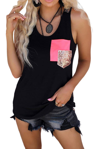 Casual Sequin Pocket Patchwork Leopard Tank Top