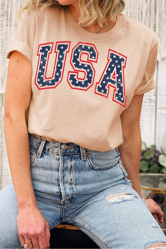 Khaki 4th Of July Starry USA Letter Graphic T Shirt