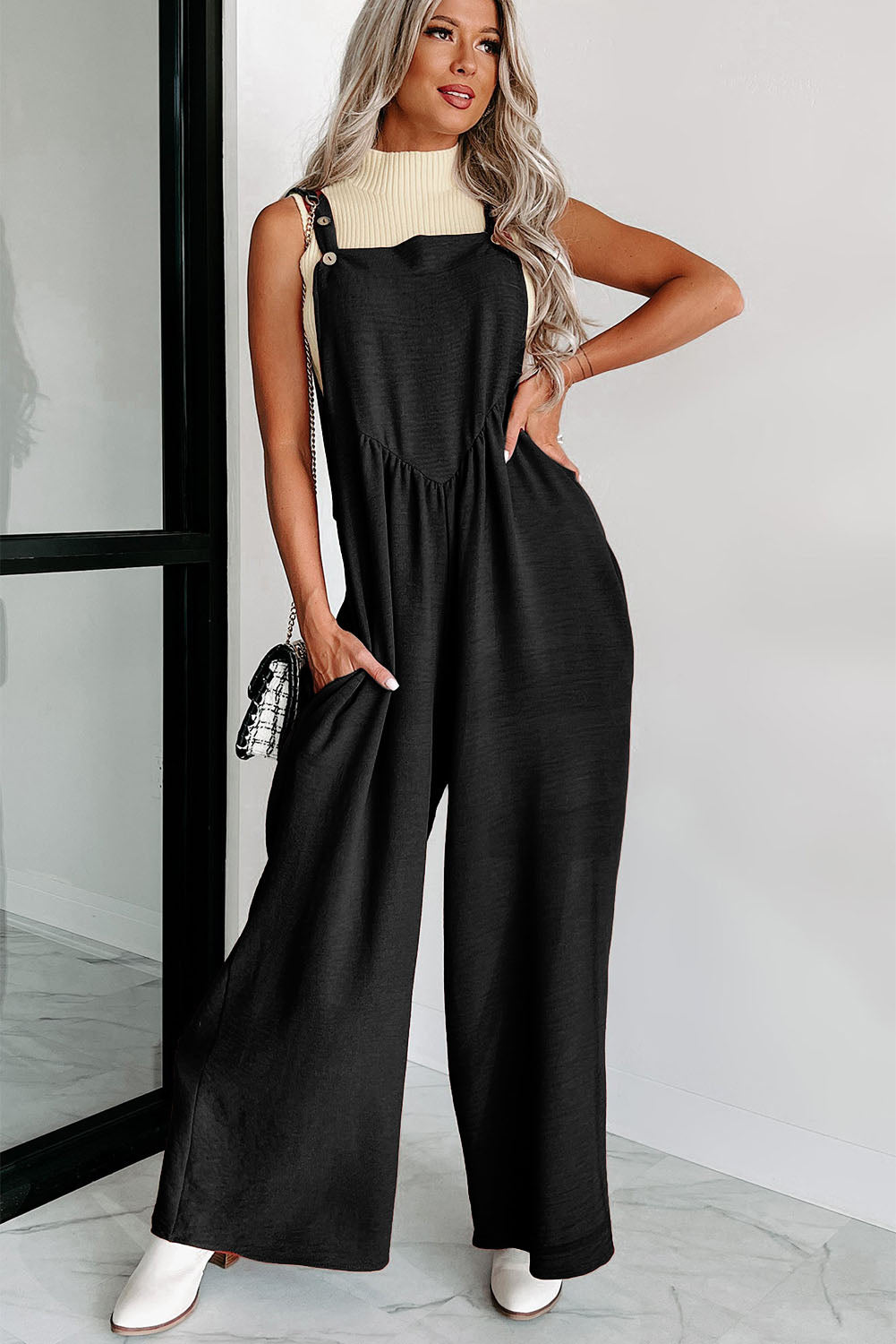 Textured Adjustable Straps Ruched Wide Leg Jumpsuit