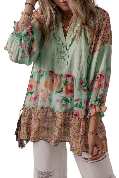 Green Floral Patchwork Frilled Split Neck Blouse