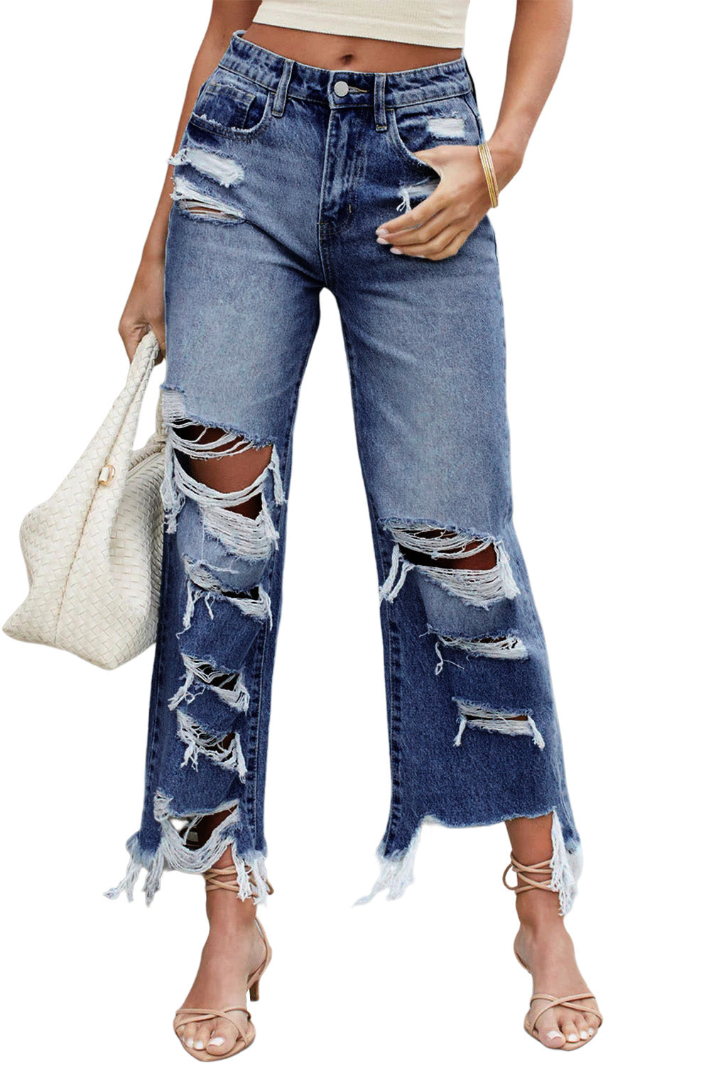 Blue Destroyed Raw Hem Wide Leg Jeans