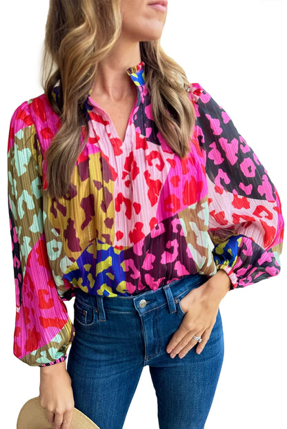 Rose Leopard Color Block Puff Sleeve Crinkle Blouse