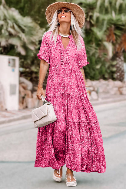 Paisley Print Split V Neck Tiered Boho Maxi Dress