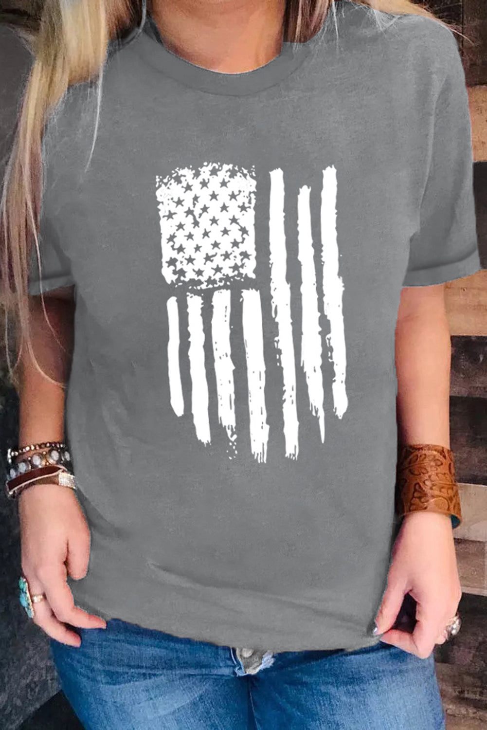 Gray Casual American Flag Graphic Crew Neck T Shirt