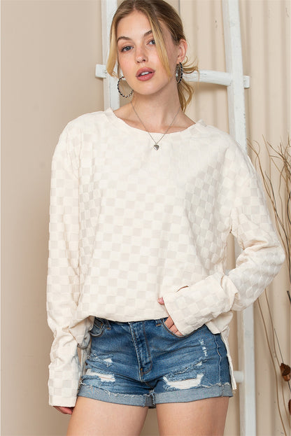 Checkered Furry Thumbhole Long Sleeve Top