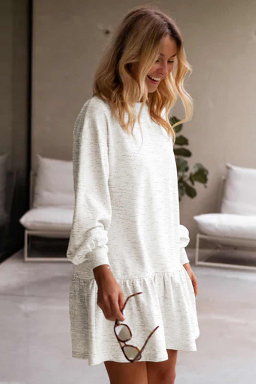 White Solid Color Ruffle Hem Mini Sweatshirt Dress