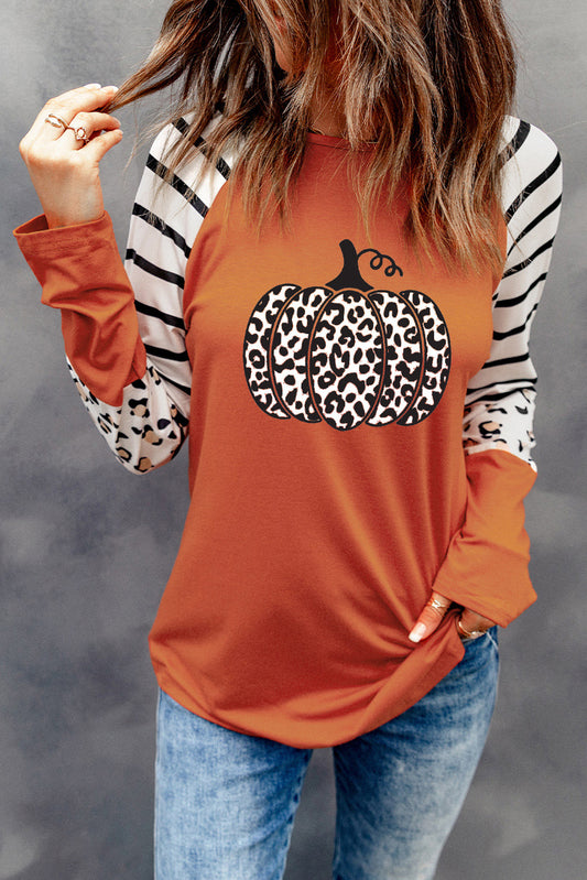 Leopard Pumpkin Graphic Contrast Long Sleeve Top