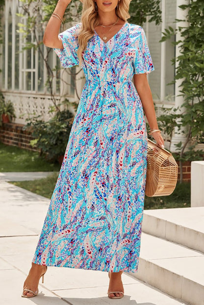 Abstract Botanic Print Wrap V Neck Short Sleeve Maxi Dress