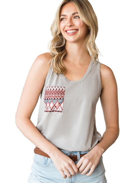 Grey Casual Ethnic Pattern Pocket Tank Top