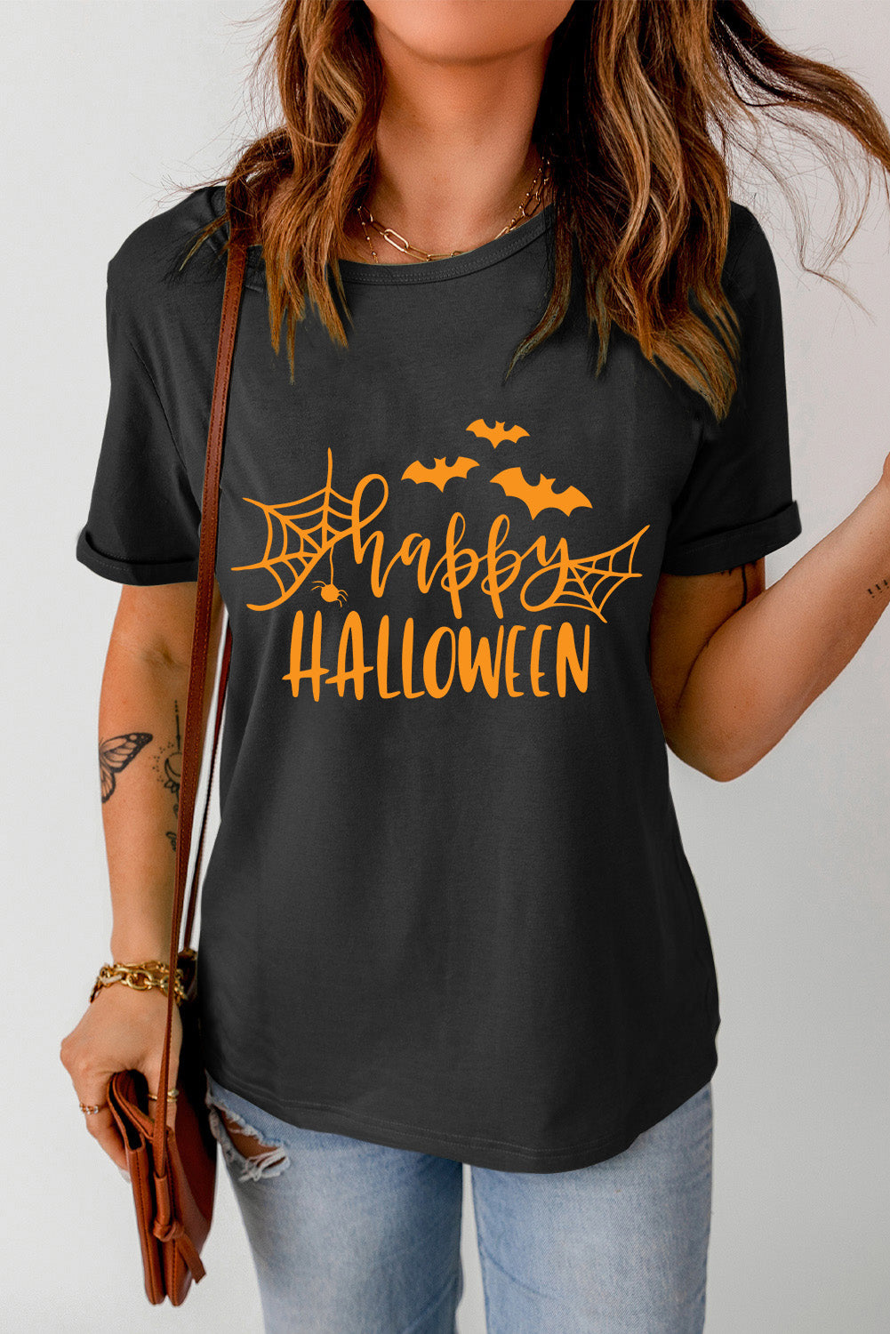 Black Happy Halloween Letter Print Graphic T-shirt