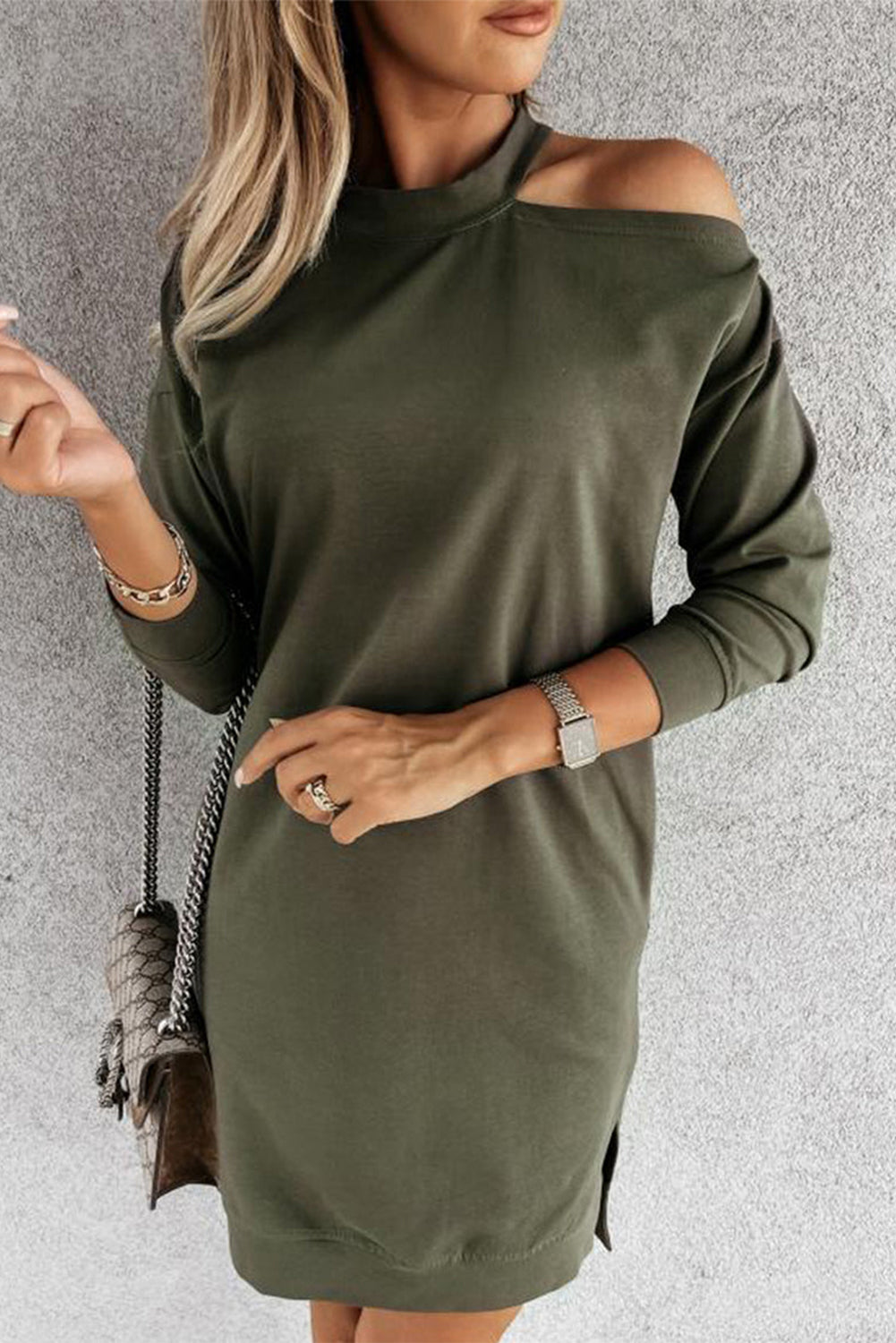 Solid Color Single Cold Shoulder Short T Shirt Dress