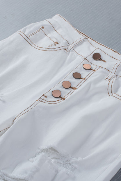 White Distressed Buttons High Waisted Flare Jeans