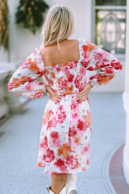 Floral Print Square Neck Smocked Dress for Vacation