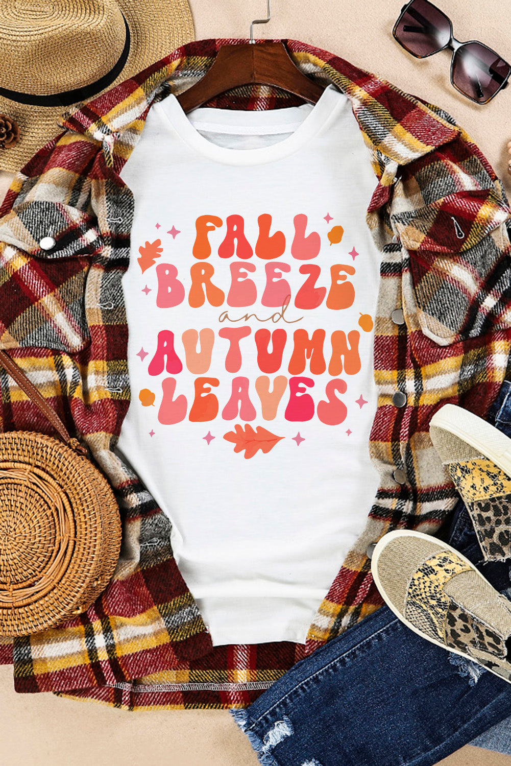 White FALL BREEZE & AUTUMN LEAVES Letter Print Graphic Tee