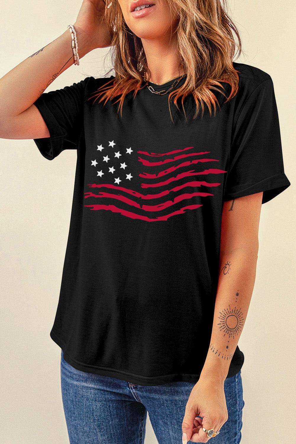 Black American Flag Graphic Crew Neck T Shirt