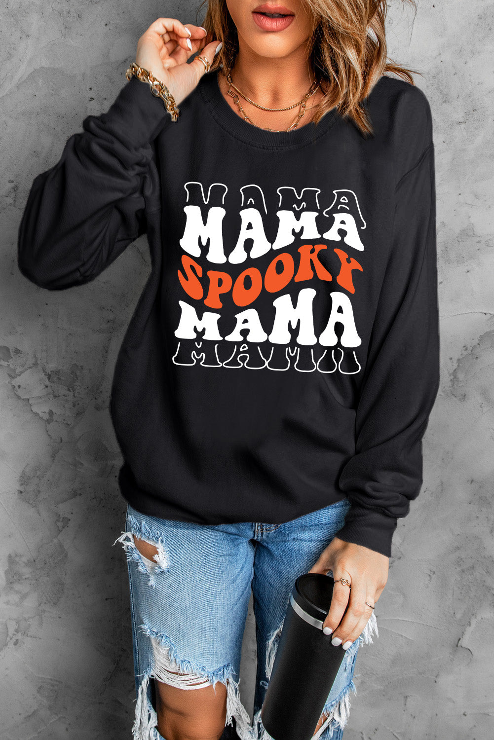 Black Spooky Mama Letter Graphic Halloween Sweatshirt