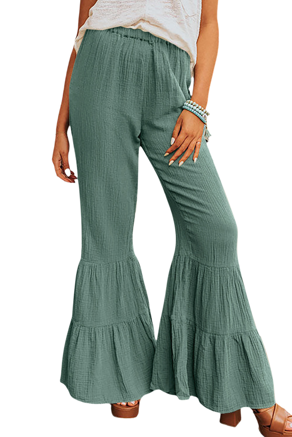 Plain Cotton Tiered Ruffle Flare High Waisted Pants