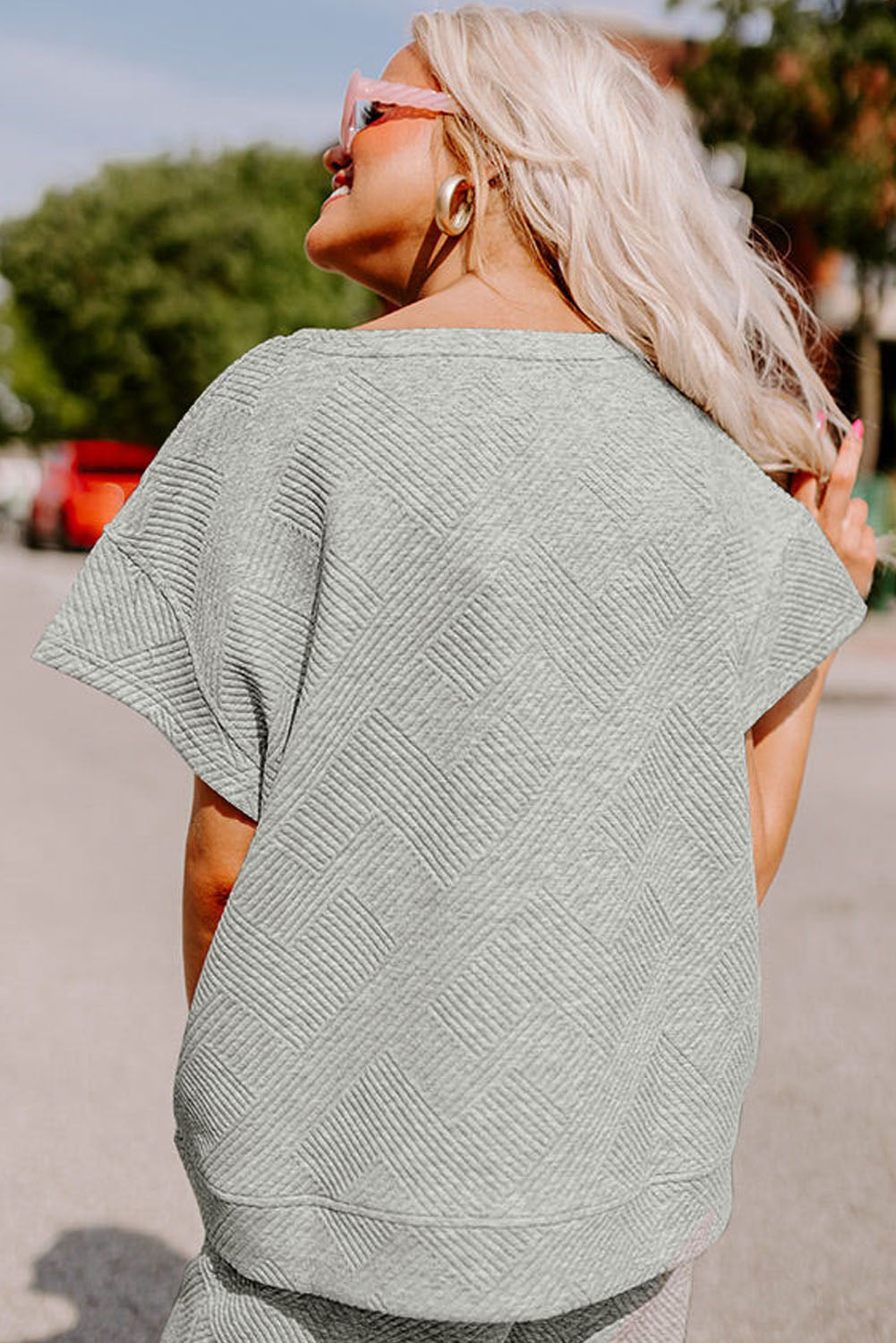 Gray Textured Loose Fit T Shirt & Drawstring Pants Set