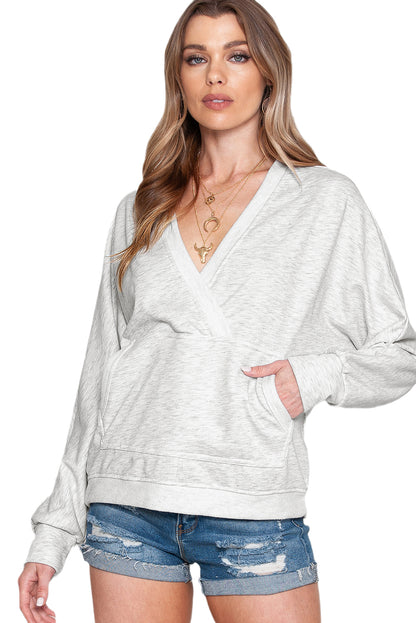 Gray Contrast Trim V Neck Wrap Sweatshirt with Pocket