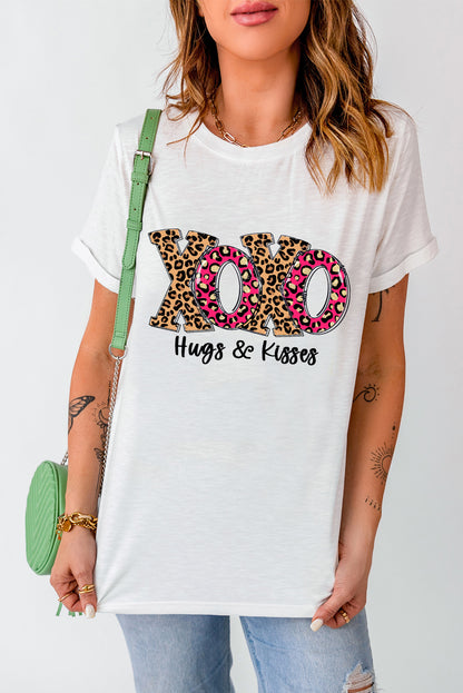 White Valentine XOXO Leopard Graphic Crew Neck T Shirt