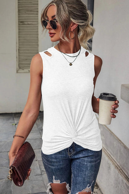 Blue Ribbed Knit Cut Out Twist Front Crew Neck Tank Top