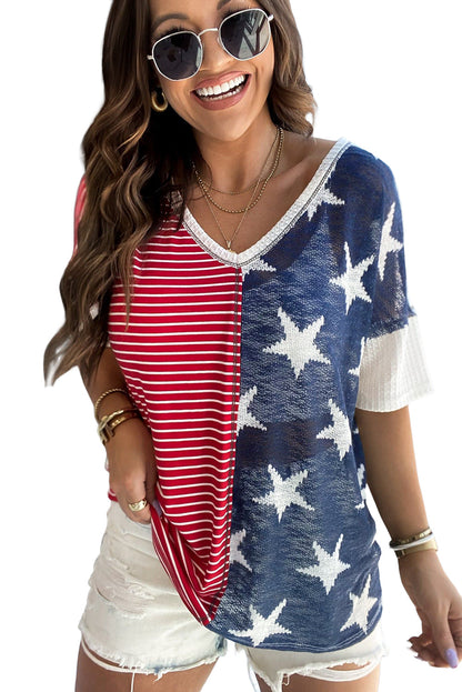 Multicolor Stripes Stars Print Knit Short Sleeve Top