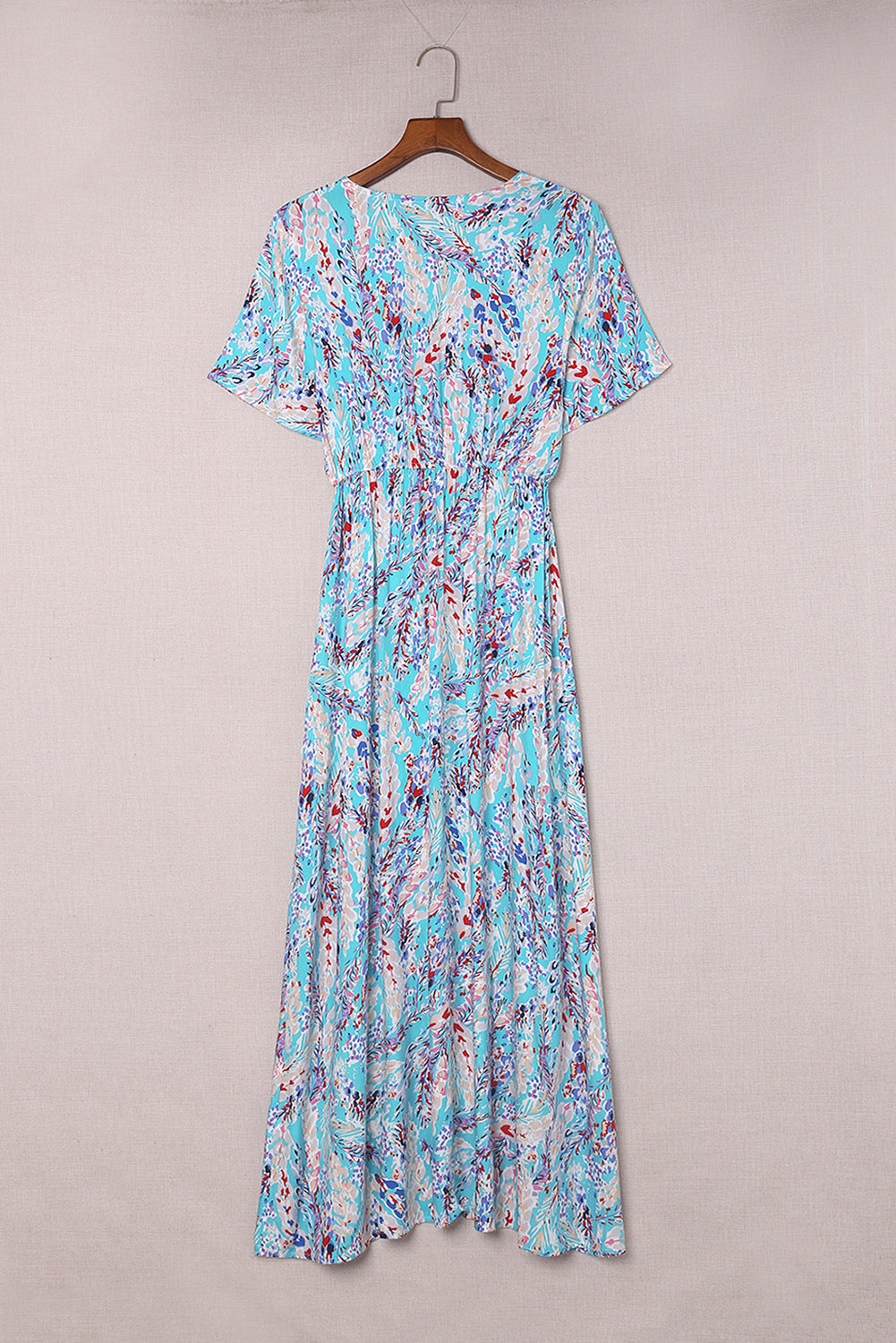 Abstract Botanic Print Wrap V Neck Short Sleeve Maxi Dress