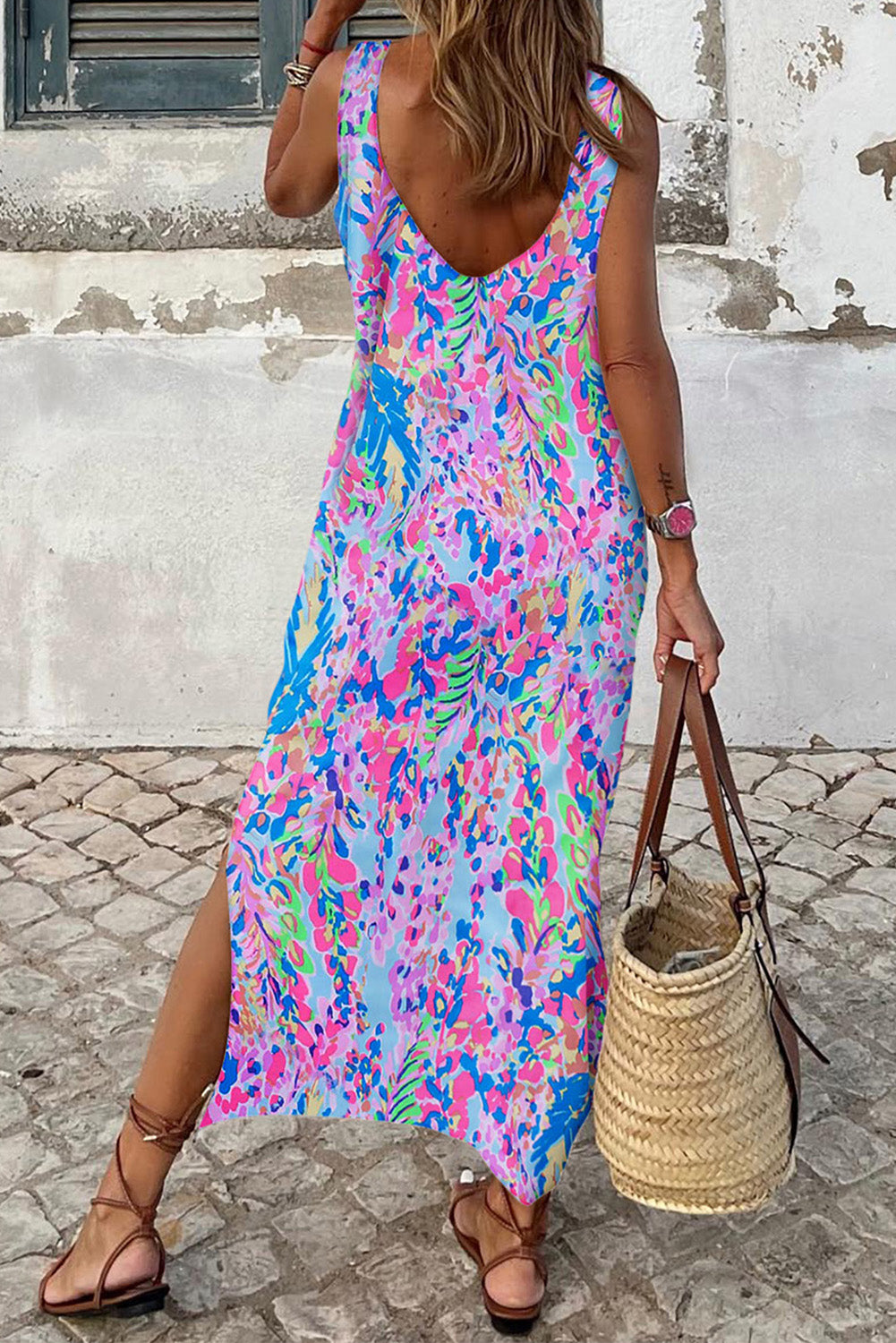 Abstract Print Wrap V Neck Flutter Sleeve Mid Length Summer Dress