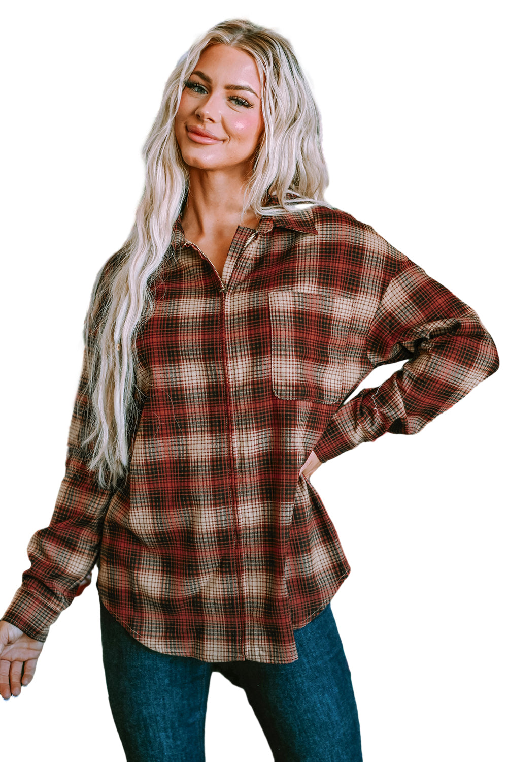 Fiery Red Plaid Print Chest Pocket Zip Up Shirt