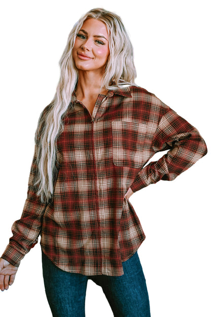 Fiery Red Plaid Print Chest Pocket Zip Up Shirt