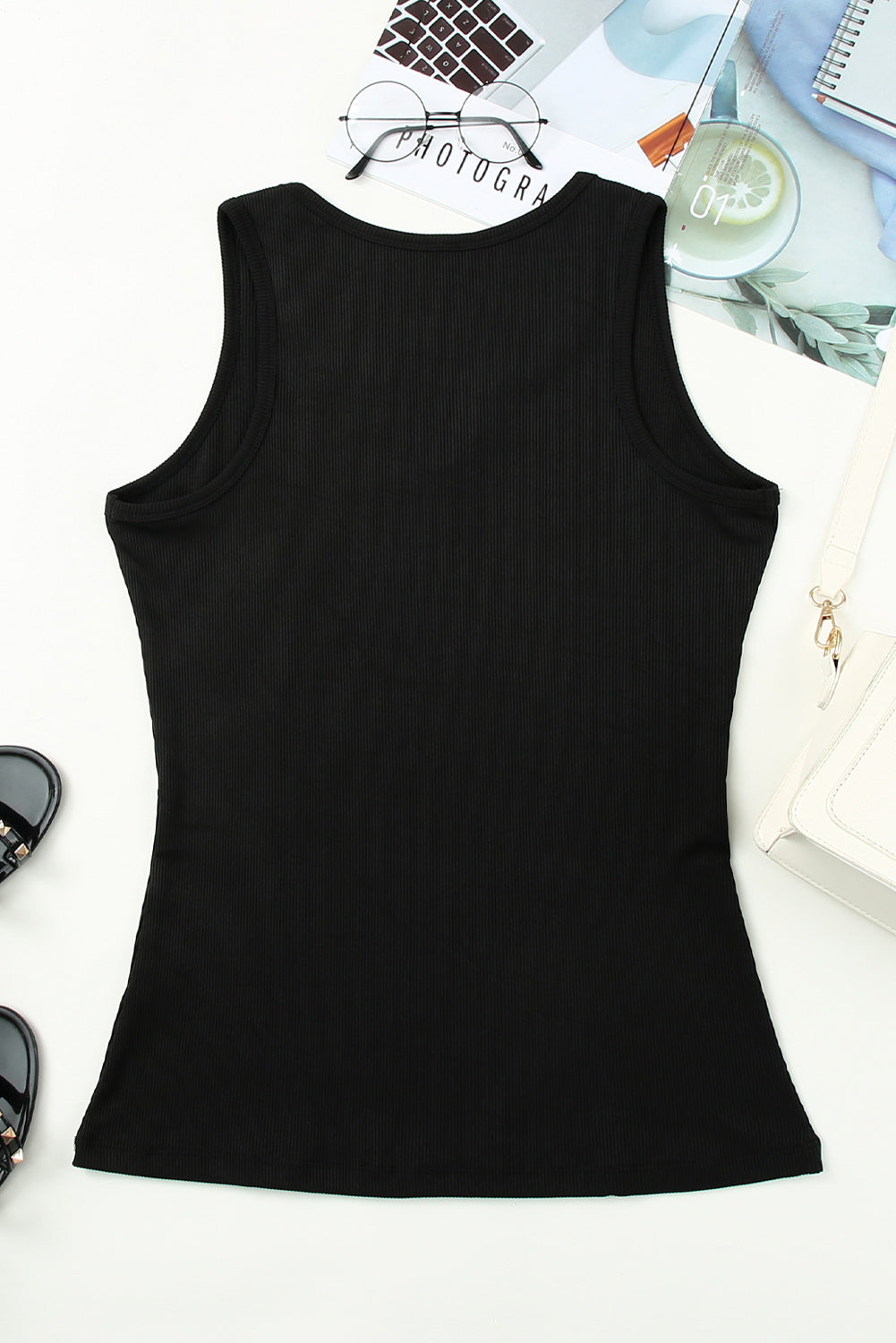 Basic Split Neck Ribbed Knit Tank Top