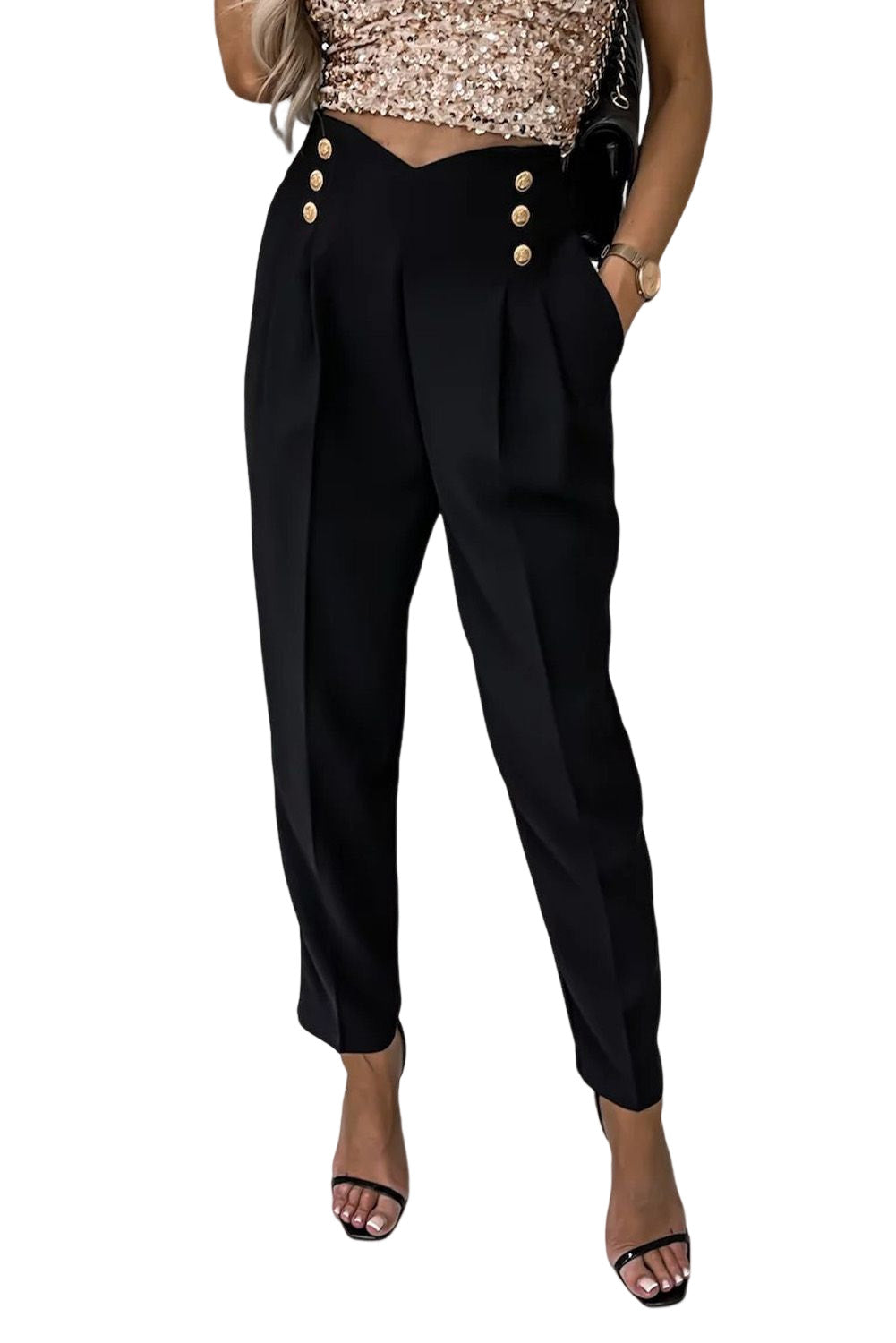 Black Double Breasted Pleated Casual Cropped Pants