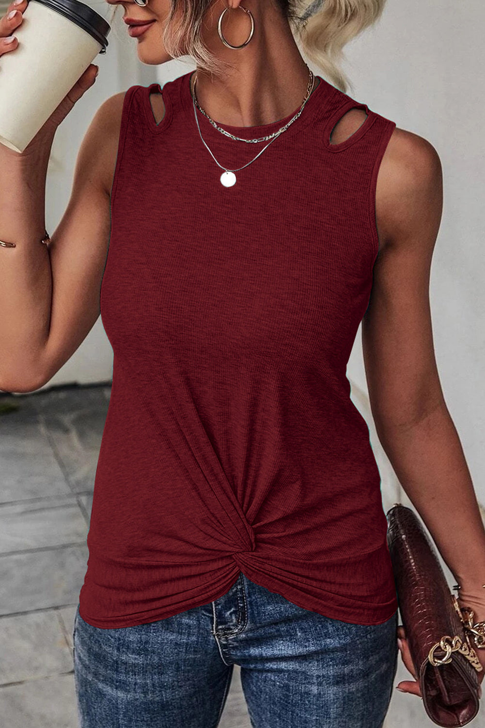 Blue Ribbed Knit Cut Out Twist Front Crew Neck Tank Top