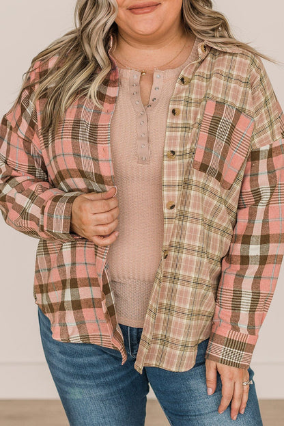 Pink Plaid Plus Size Color Block Long Sleeve Shirt with Pocket