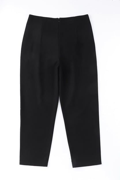 Black Double Breasted Pleated Casual Cropped Pants