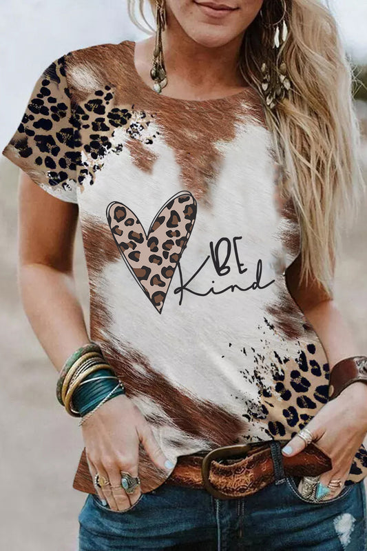 Chestnut BE Kind Leopard Heart Graphic Crew Neck T Shirt