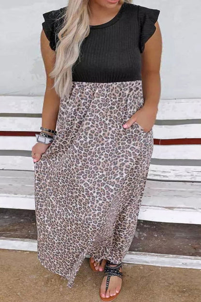 Plus Size Rib Leopard Short Sleeve Maxi Dress