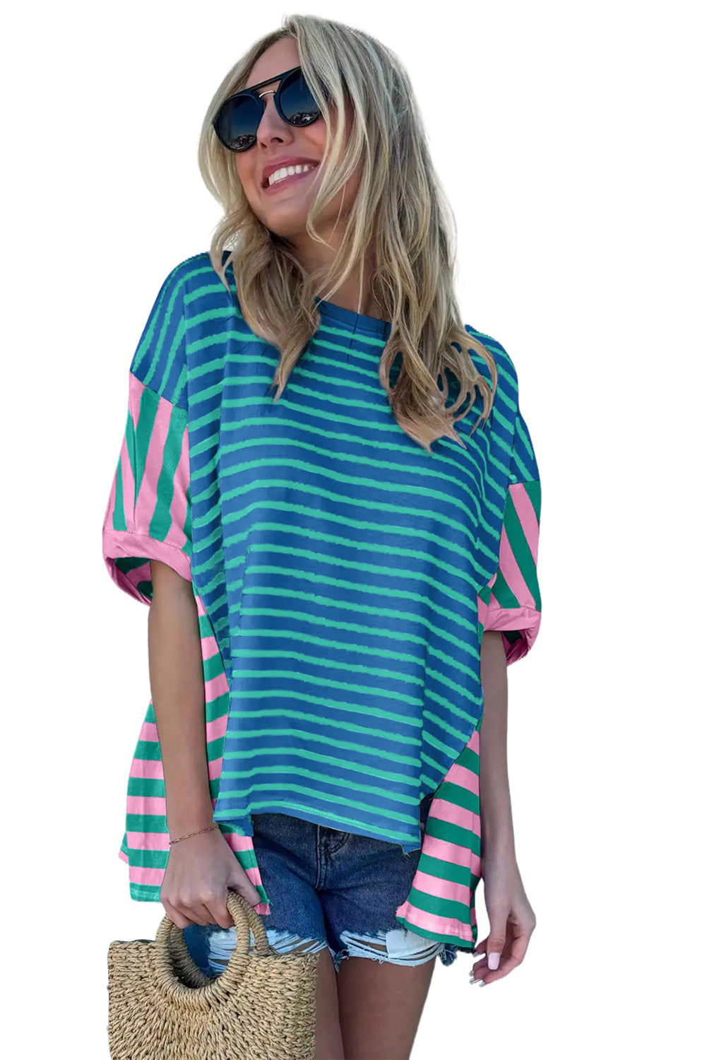 Striped Patchwork Slits Baggy T Shirt