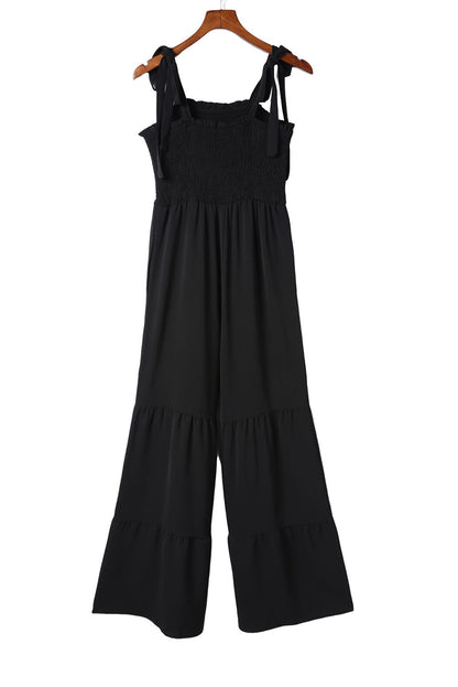 Green Tie Straps Shirred Casual Tiered Wide Leg Jumpsuit