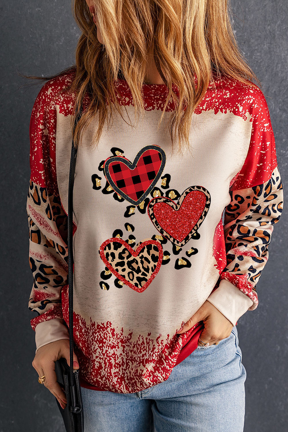 Red Bleached Leopard Heart Shaped Graphic Sweatshirt