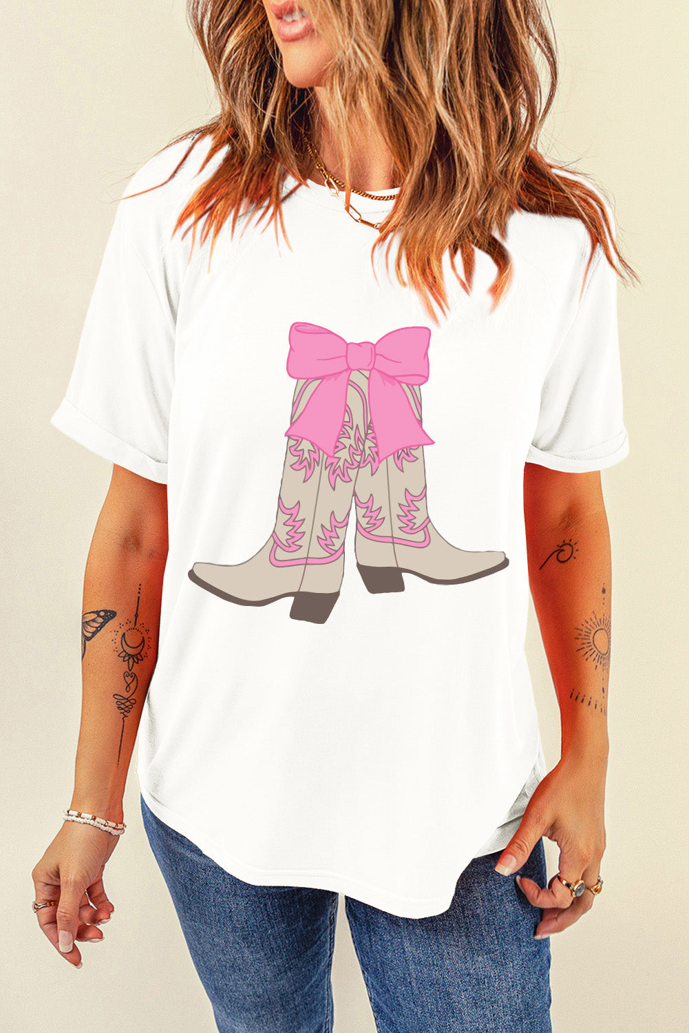 Casual Boots Bow Graphic Round Neck T Shirt