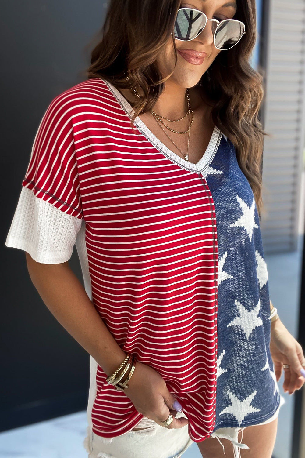 Multicolor Stripes Stars Print Knit Short Sleeve Top