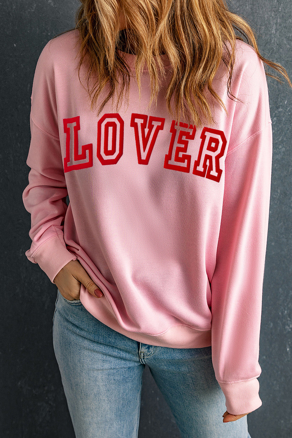 Pink LOVER Letter Graphic Drop Shoulder Pullover Sweatshirt