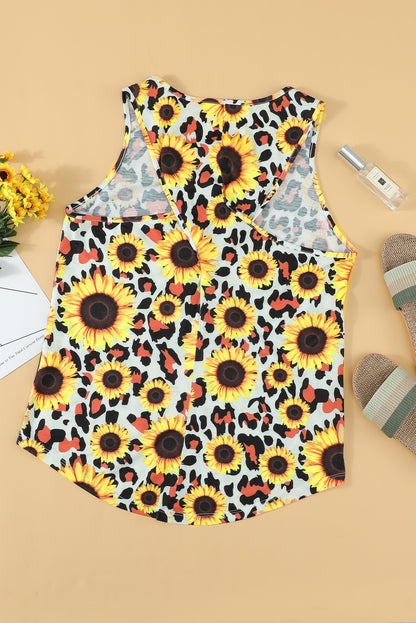 Sunflower and Cheetah Print Jewel Neckline Tank Top