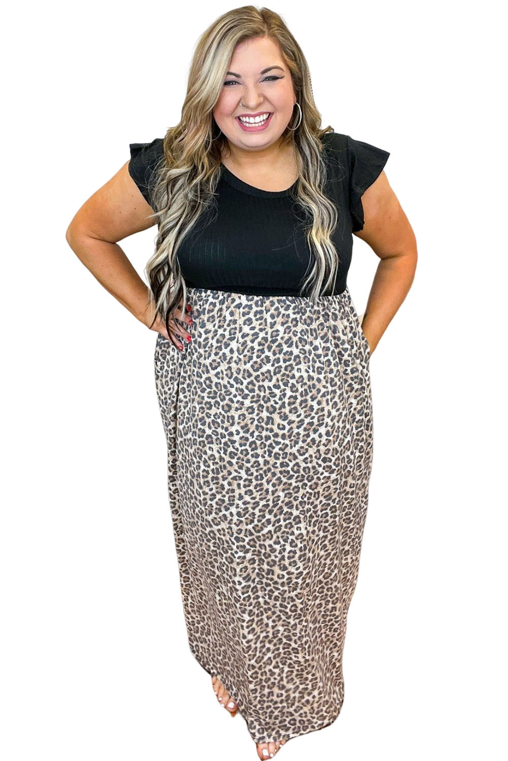 Plus Size Rib Leopard Short Sleeve Maxi Dress