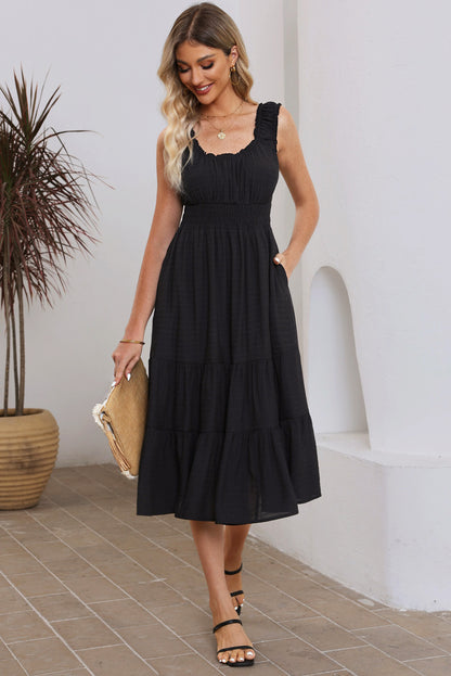 U-Neck Sleeveless Ruched Tiered Ruffled Midi Dress