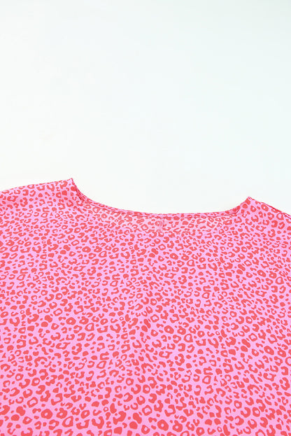 Rosy Leopard Print Oversized Casual Half Sleeve V Neck Top