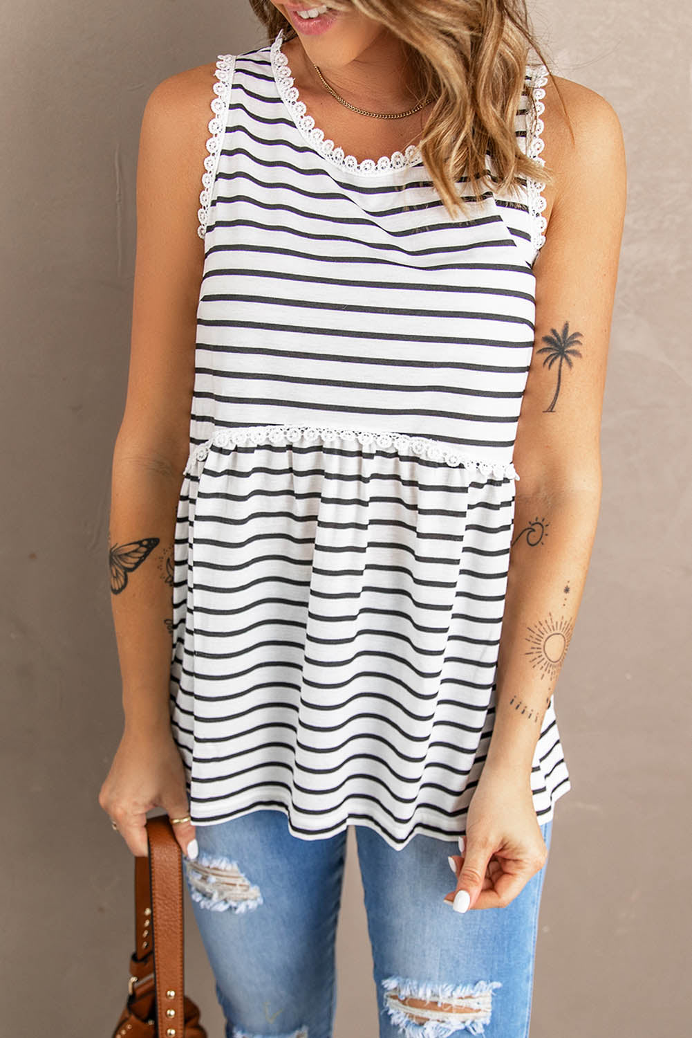 Striped Ruffle Neck Babydoll Tank Top